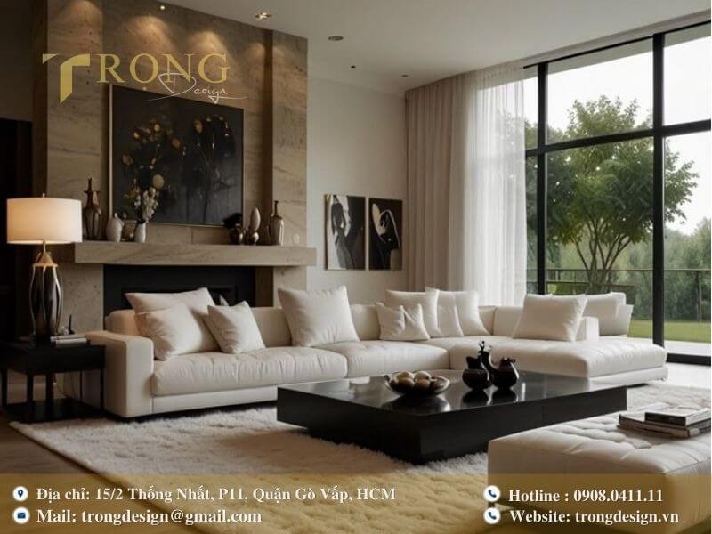 Phòng khách nhẹ nhàng, tinh tế với lò sưởi và vật liệu tự nhiên.