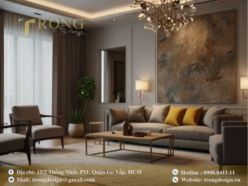 Phòng khách cổ điển, ấm cúng với tông màu nâu và vàng.