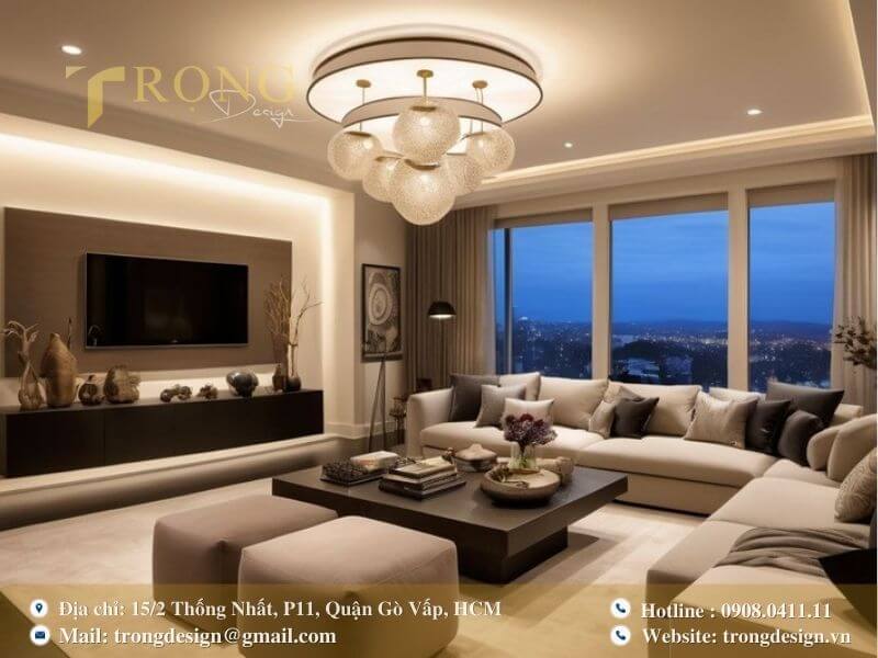 Phòng khách ấm áp, hiện đại với đèn chùm độc đáo.