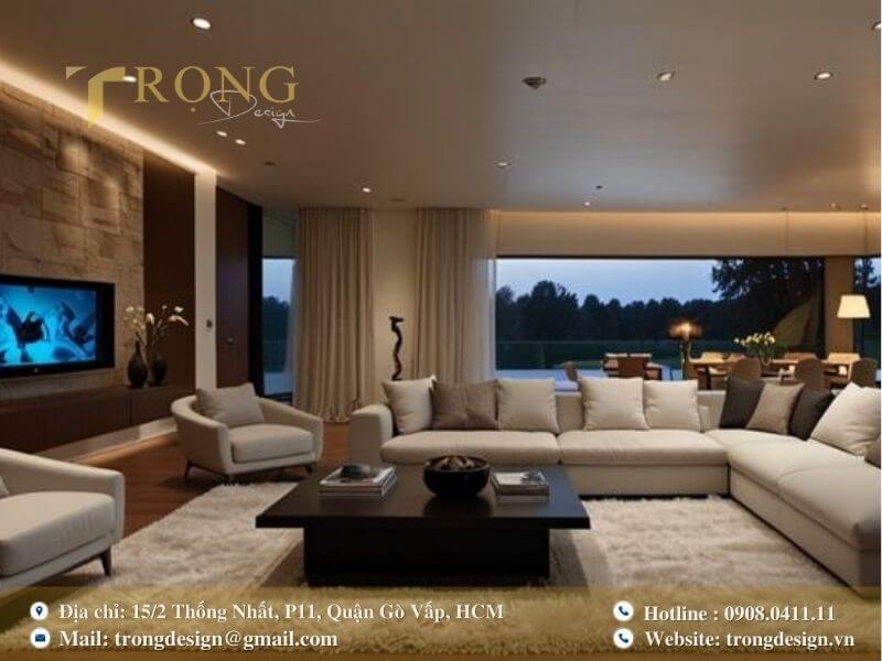 Phòng khách hiện đại với tường ốp đá tự nhiên và ánh sáng ấm áp.