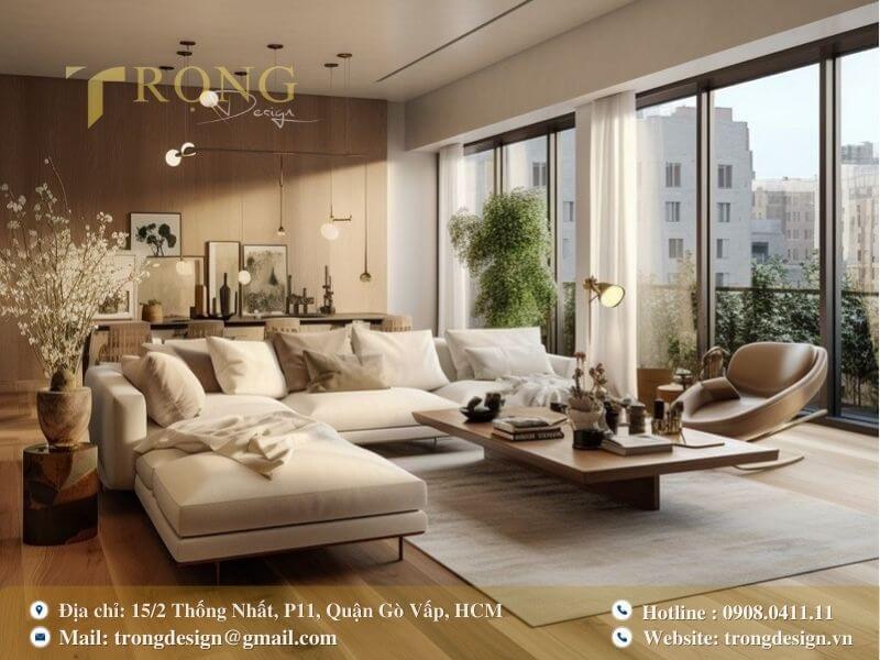 Phòng khách thư thái, ấm áp với tông màu gỗ sáng.