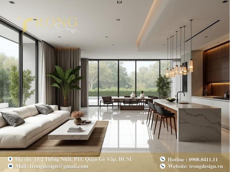 Phòng khách mở, hiện đại với sàn đá cẩm thạch sang trọng.
