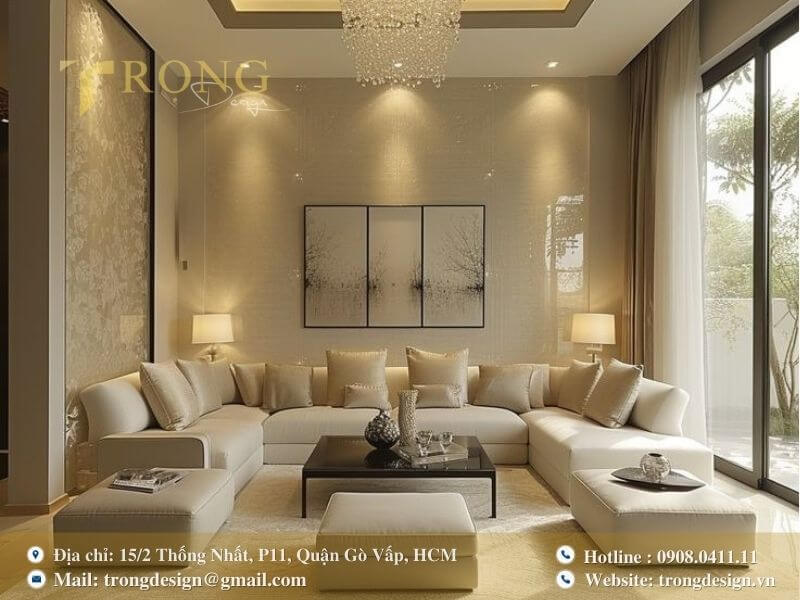 Phòng khách sang trọng, lộng lẫy với đèn chùm pha lê.