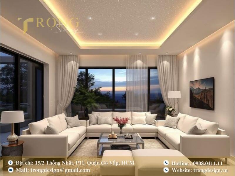 Phòng khách hiện đại, độc đáo với trần nhà hiệu ứng sao.