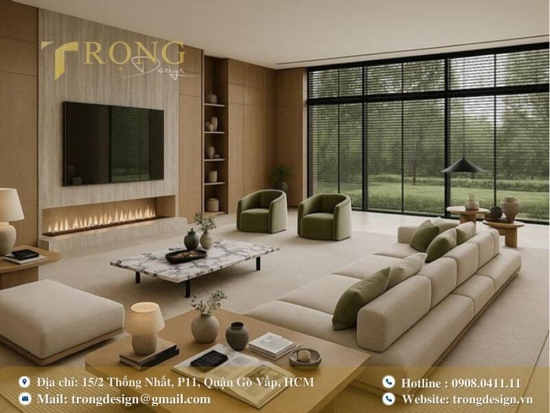 Không gian phòng khách ấm cúng, gần gũi với thiên nhiên.