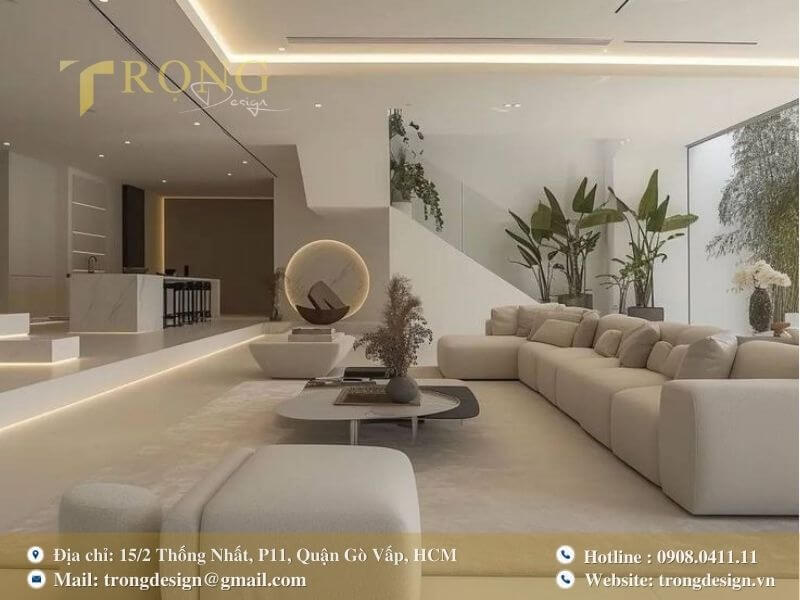 Hiện đại và sang trọng với tông màu trắng, không gian mở và cây xanh.
