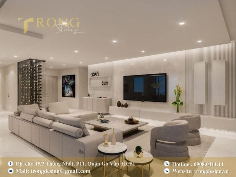 Tối giản và tiện nghi, với kệ rượu và các chi tiết trang trí độc đáo.