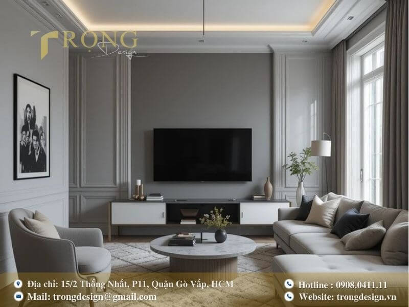 Thiết kế Tân cổ điển với tông màu xám trắng tạo vẻ thanh lịch.