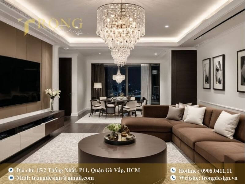 Phòng khách sang trọng với nội thất cao cấp và tông màu nâu ấm áp.