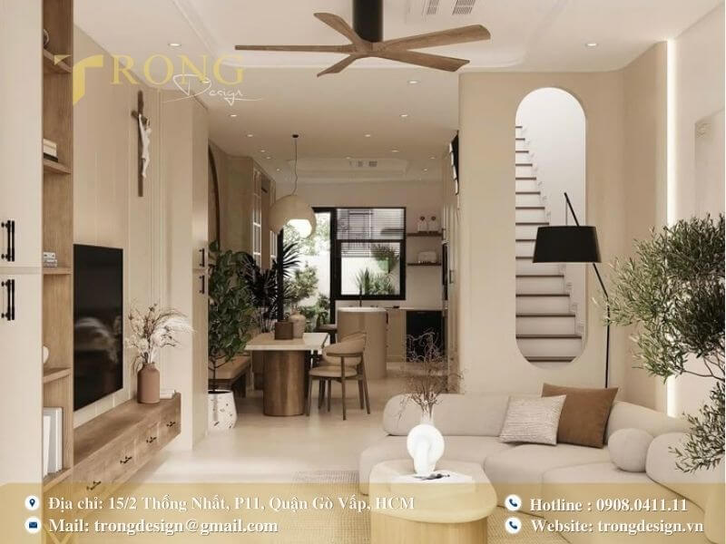 Thiết kế tối giản với nội thất gỗ và tông màu be, mang lại cảm giác bình yên.