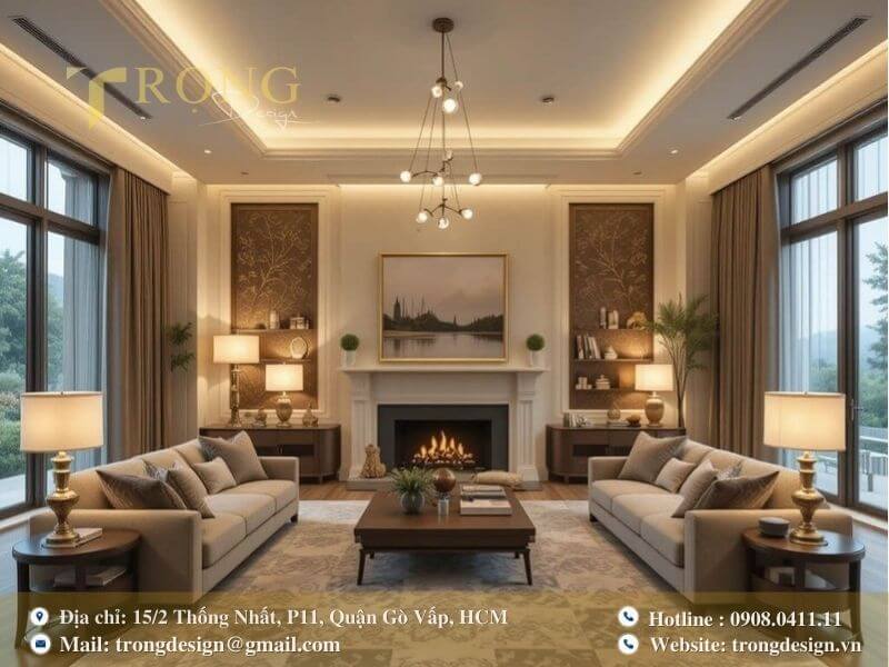 Phòng khách mang phong cách cổ điển, quý phái với sự đối xứng trong bố cục.