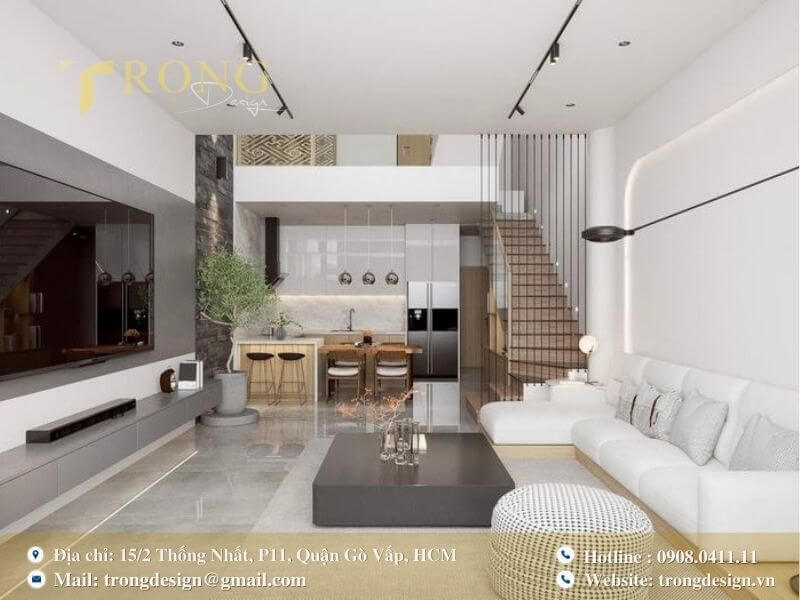 Không gian mở, hiện đại, tối giản với tông màu trắng, xám.