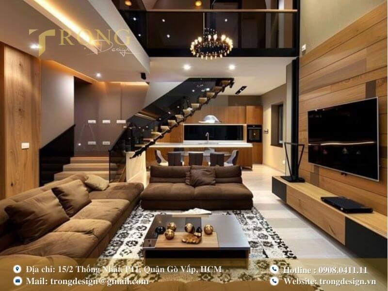 Phong cách ấm áp với tông màu nâu, vật liệu gỗ và ánh sáng dịu.