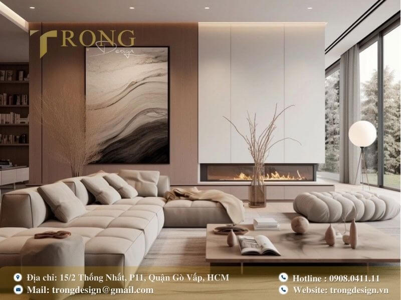 Phong cách tối giản, hiện đại với lò sưởi và bức tranh nghệ thuật.