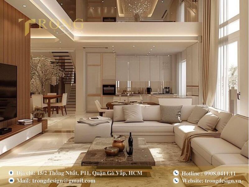 Thiết kế sang trọng, lộng lẫy với ánh sáng ấm và vật liệu cao cấp.
