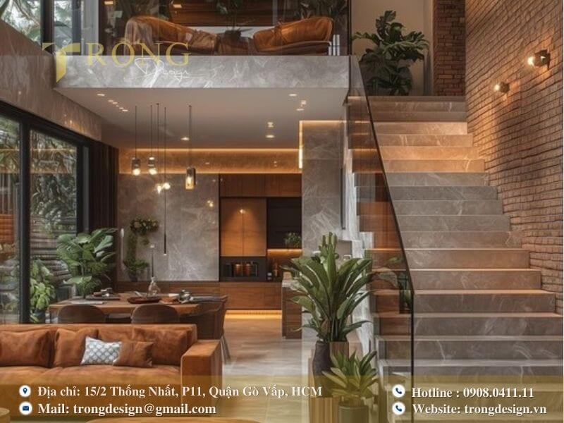 Thiết kế độc đáo, kết hợp hài hòa giữa vật liệu đá, gỗ, và gạch thô.
