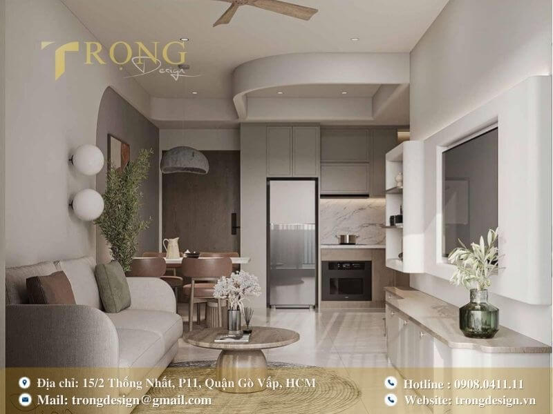 Phòng khách tối giản, nhẹ nhàng với nội thất có đường nét cong mềm mại.