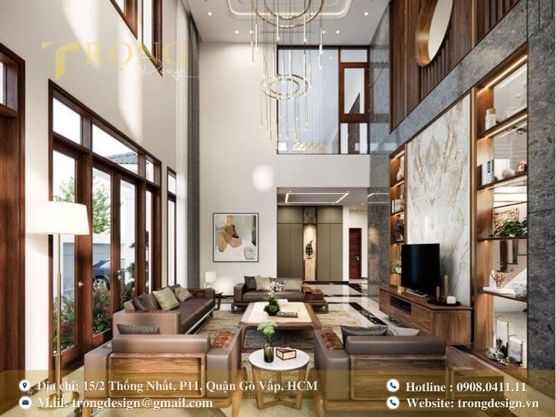 Phòng khách hiện đại, trần cao với nội thất gỗ và đá marble tinh xảo.