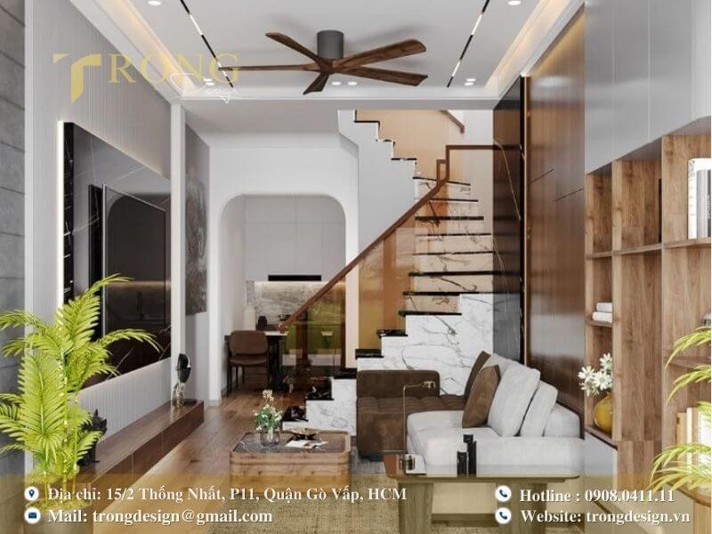 Phòng khách sang trọng với nội thất gỗ tự nhiên và sự kết hợp của đá cẩm thạch.