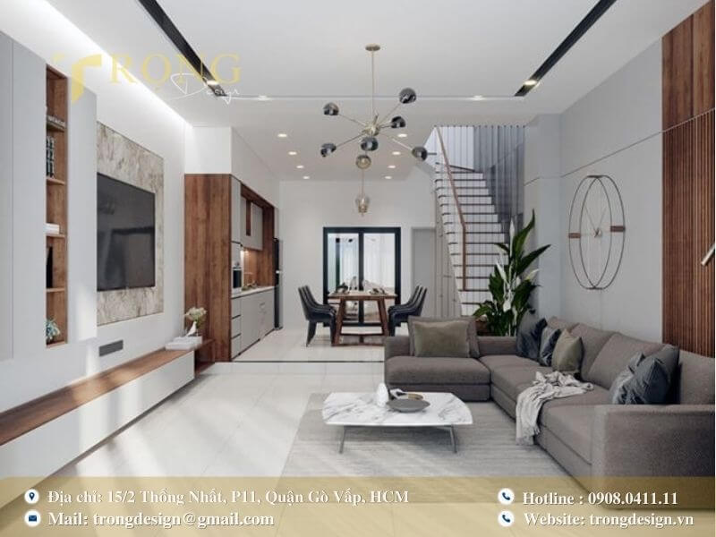 Phòng khách hiện đại với nội thất cao cấp và tông màu trung tính sang trọng.