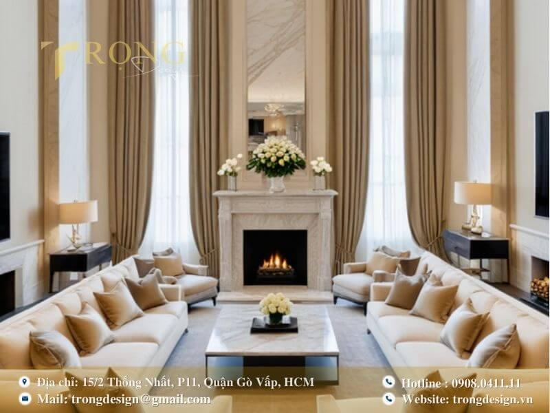 Phòng khách tân cổ điển với lò sưởi trung tâm và bố cục đối xứng.