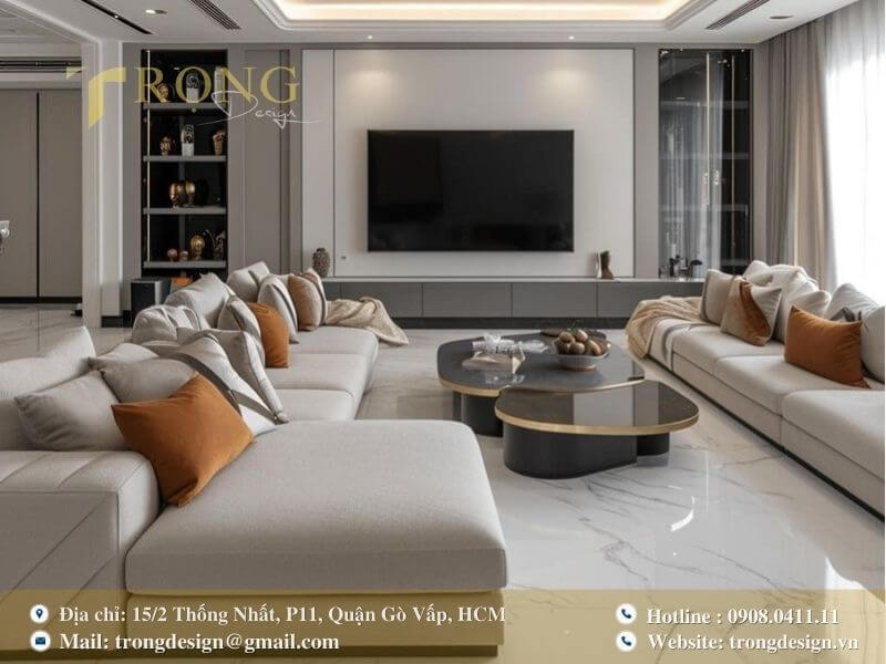 Phòng khách tinh tế với sự kết hợp giữa vật liệu tự nhiên và các gam màu trung tính.