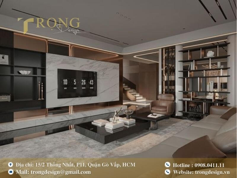 Không gian sống với sự ấm áp của gỗ hòa quyện cùng sự tinh tế của kim loại và đá.