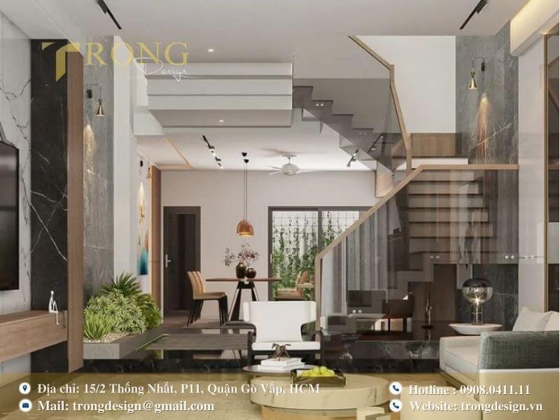 Thiết kế mở, hiện đại với sự tương phản màu sắc mạnh mẽ.