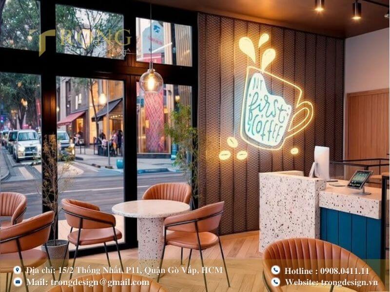 Quán cà phê hiện đại, cá tính với đèn neon và ghế da.