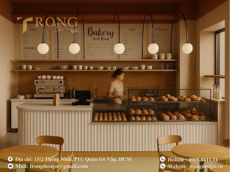 Tiệm bánh ấm cúng với tông màu nâu và nội thất gỗ đơn giản.