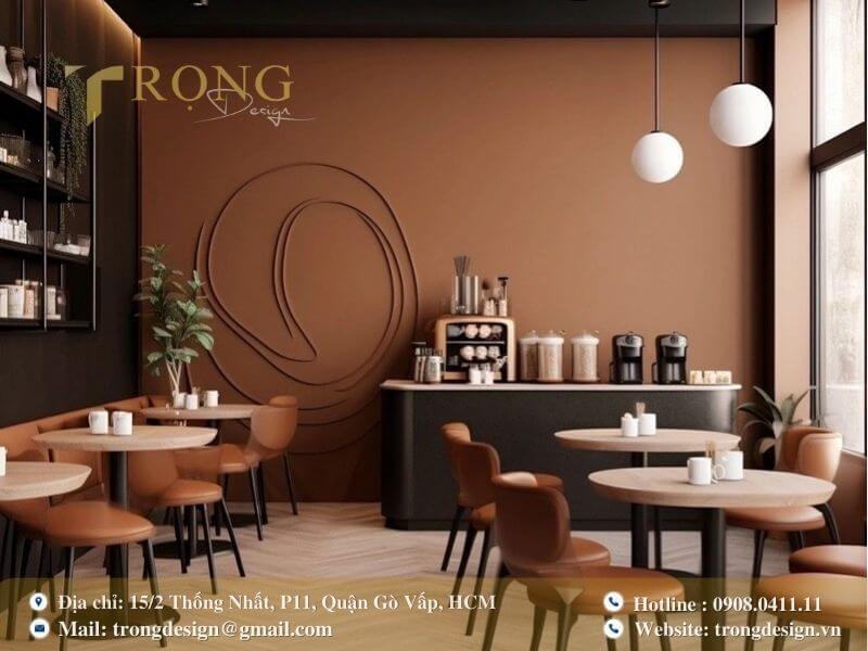 Không gian hiện đại với tông màu nâu đất và đen, tạo sự ấm áp.
