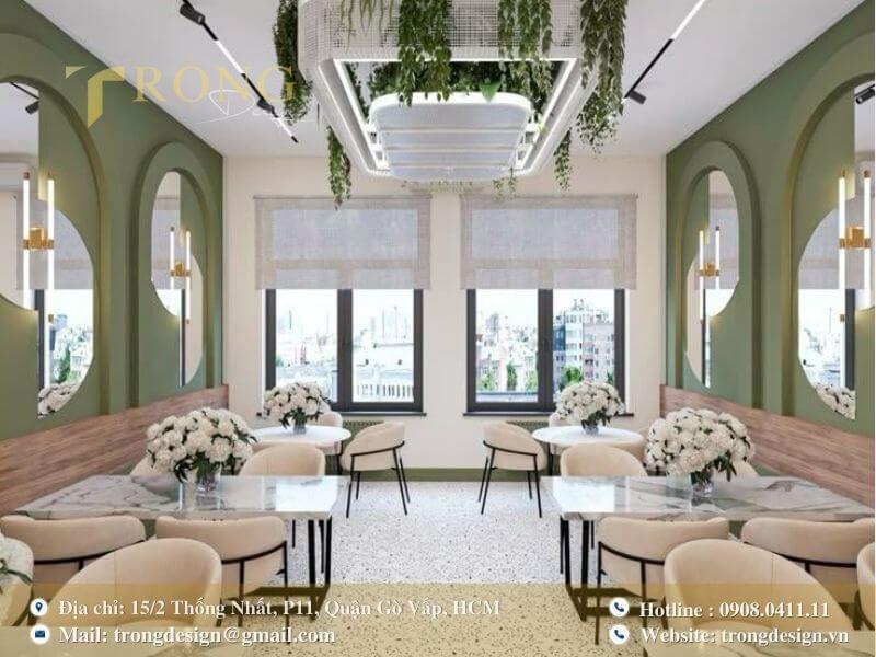 Không gian thanh lịch, sang trọng với tông màu xanh và nội thất cao cấp.