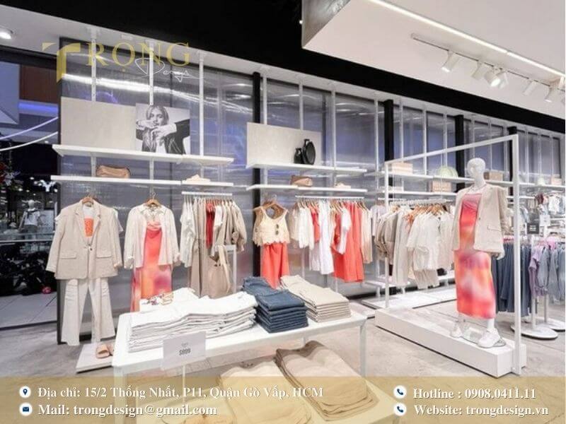 Cửa hàng thời trang nữ với phong cách hiện đại, thanh lịch, sử dụng tông màu pastel.