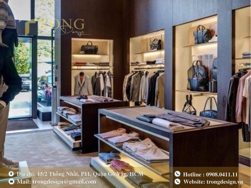 Cửa hàng thời trang nam phong cách tối giản với ánh sáng ấm áp.