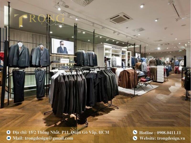 Không gian cửa hàng sang trọng, chuyên nghiệp với các mẫu trang phục vest nam.
