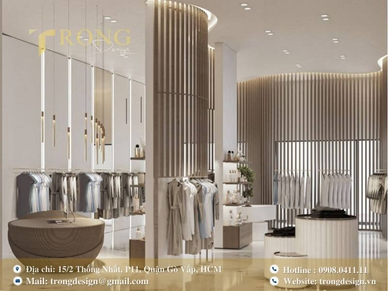 Không gian hiện đại, tinh tế với vách ngăn gỗ uốn lượn và tông màu sáng.