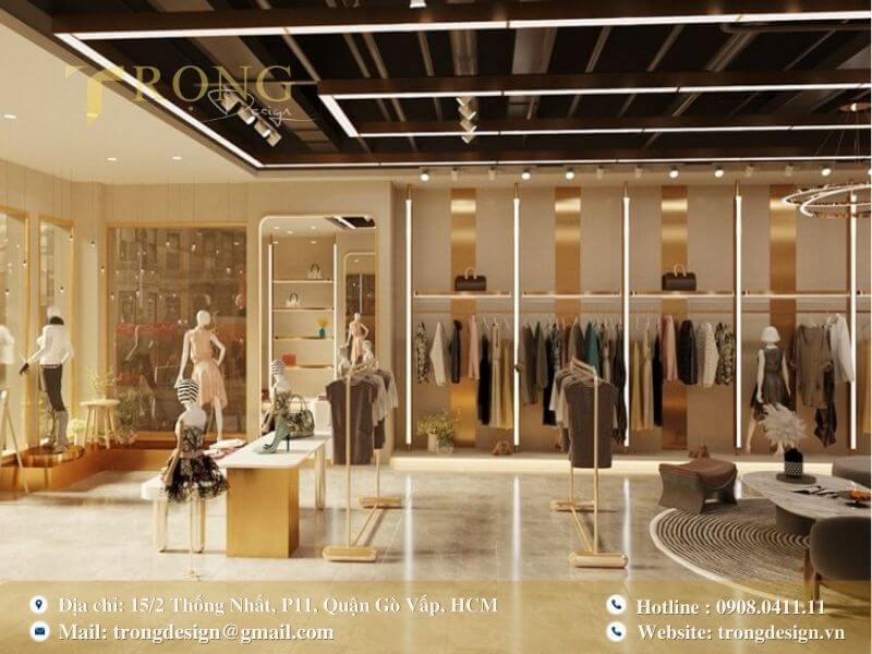 Thiết kế cửa hàng sang trọng, hiện đại với sự kết hợp của đen và vàng đồng.