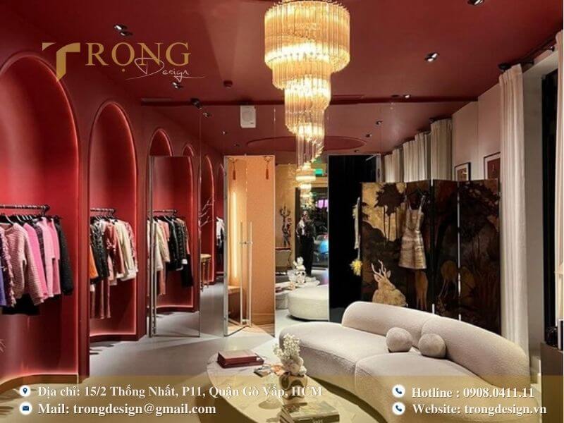 Không gian táo bạo với tông màu đỏ, thảm da ngựa vằn và đèn chùm lộng lẫy.