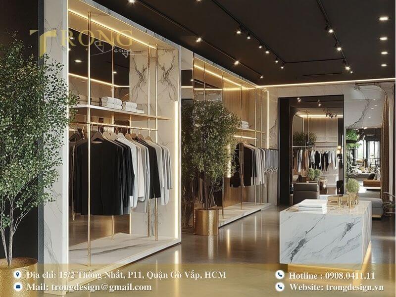Cửa hàng sang trọng, hiện đại với nội thất đá cẩm thạch và chi tiết vàng đồng.